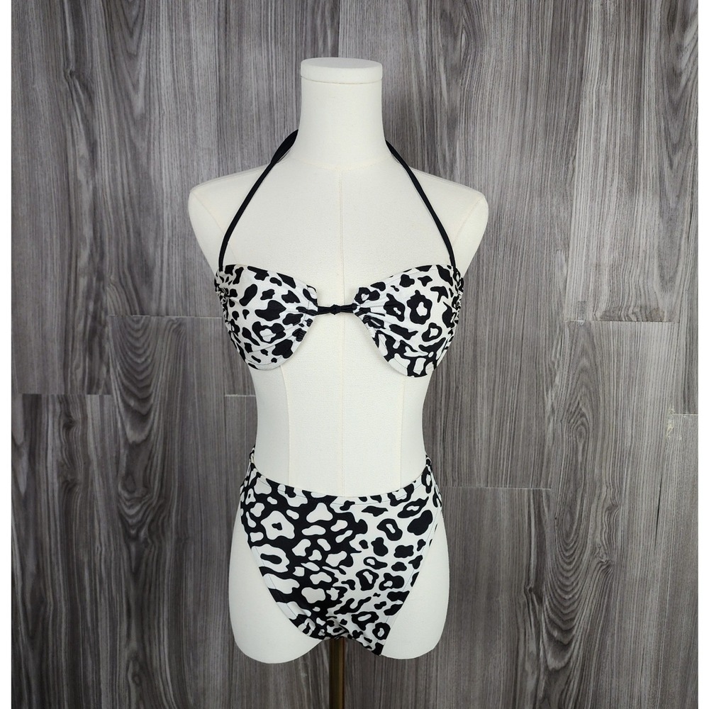 Vintage Harbour Casuals Leopard Print Bikini Set High Waisted Black White USA 8